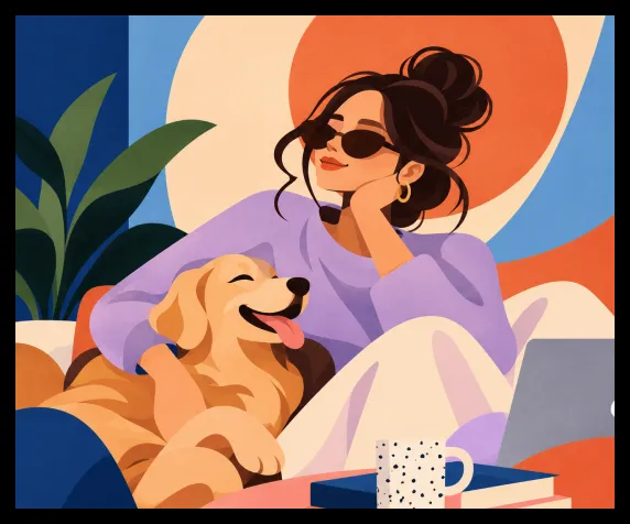 Cozy woman and dog illustration