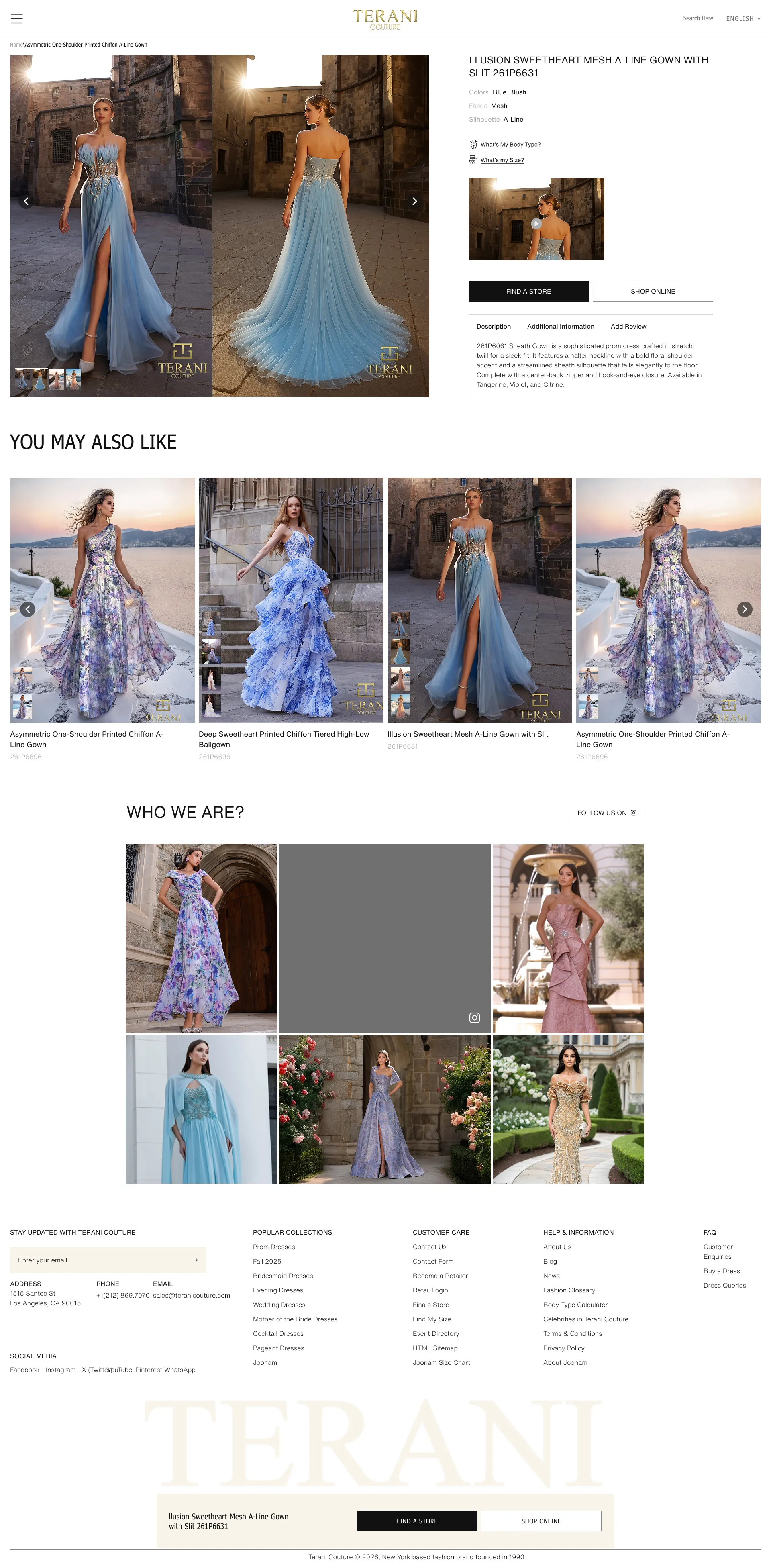 Terani Couture product page on a tablet